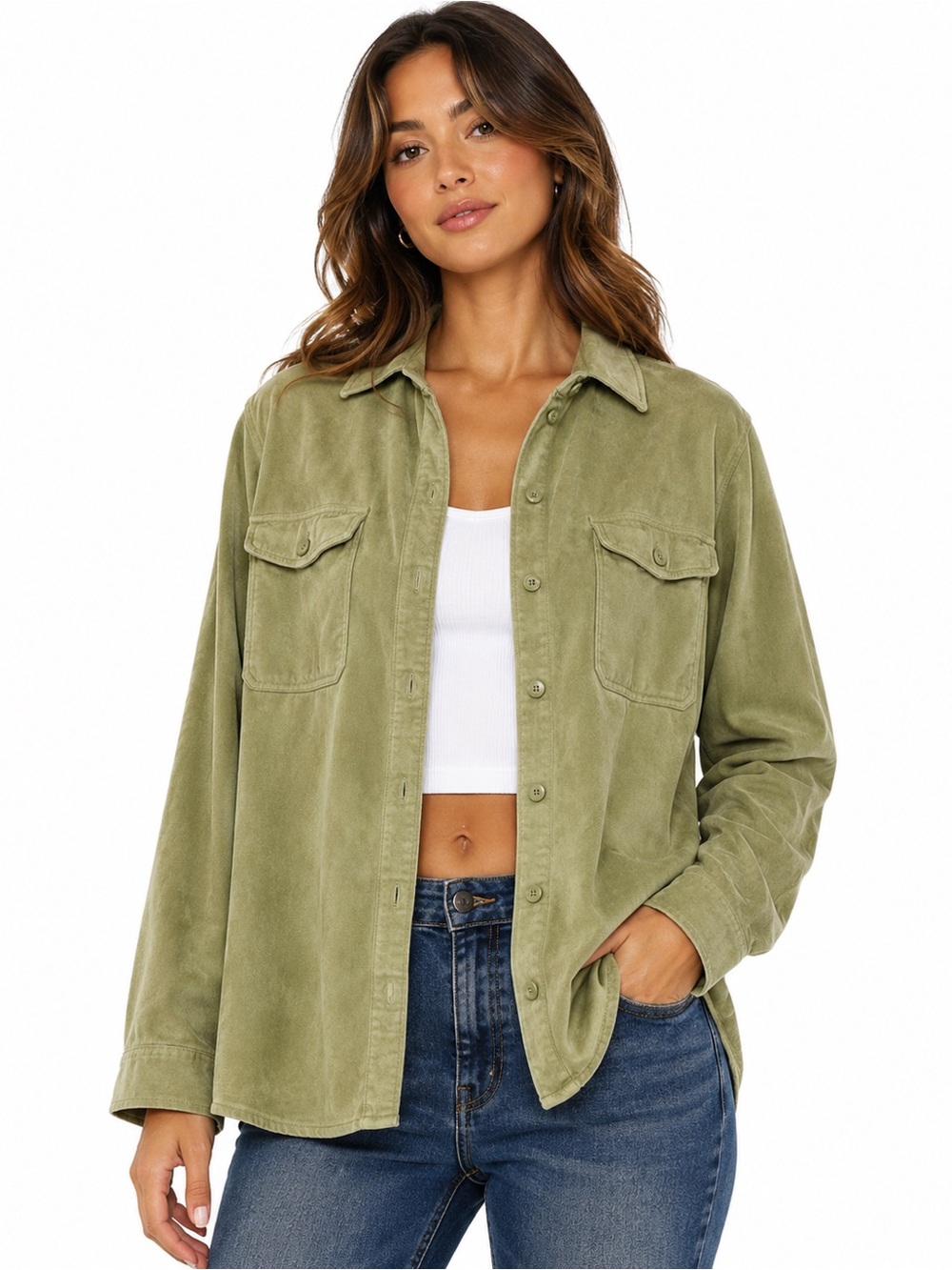Olive Green Faux Suede Cashmere Button Down Utility Shirt
